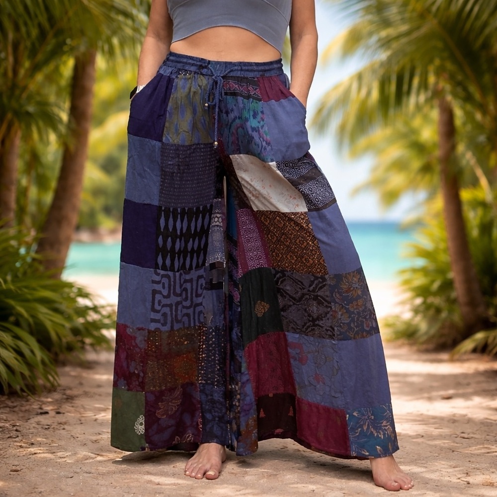 Boho Patchwork Wide Leg Pants NWT One Size 100% Rayon Festival Beach